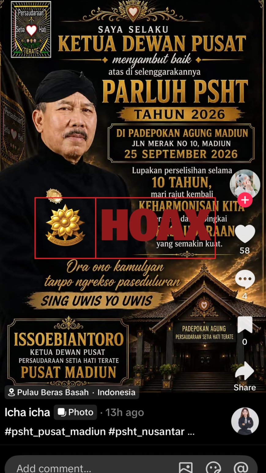 Tersebar Foto Ketua Dewan Pusat SH Terate Mendukung Parluh 25 September 2026